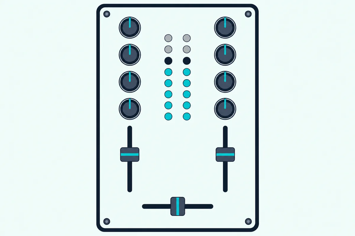 A two-channel DJ mixer seen from above with two columns of small level lights glowing teal between its knobs