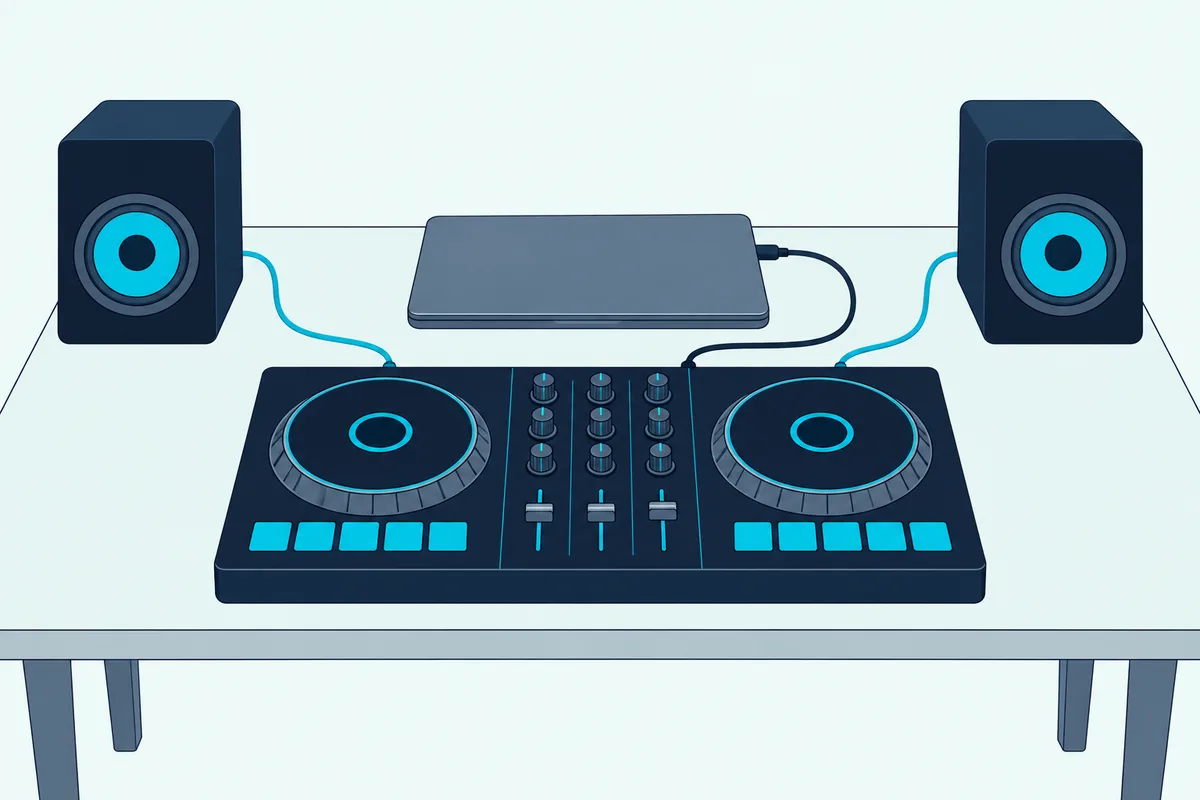A two-deck DJ controller with two jog wheels joined by a USB cable to a closed laptop between two small speakers