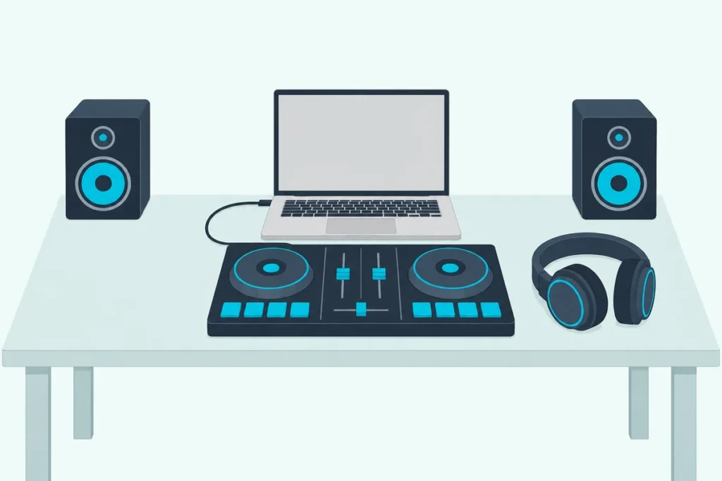 Two-deck DJ controller cabled to an open laptop with a blank screen, with headphones and two small speakers on a desk