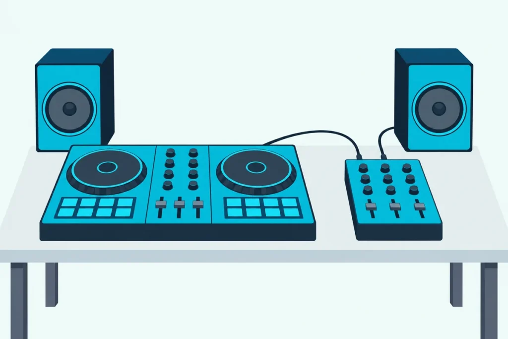 A two-deck DJ controller cabled to a small separate mixer on one table, with two powered speakers behind them