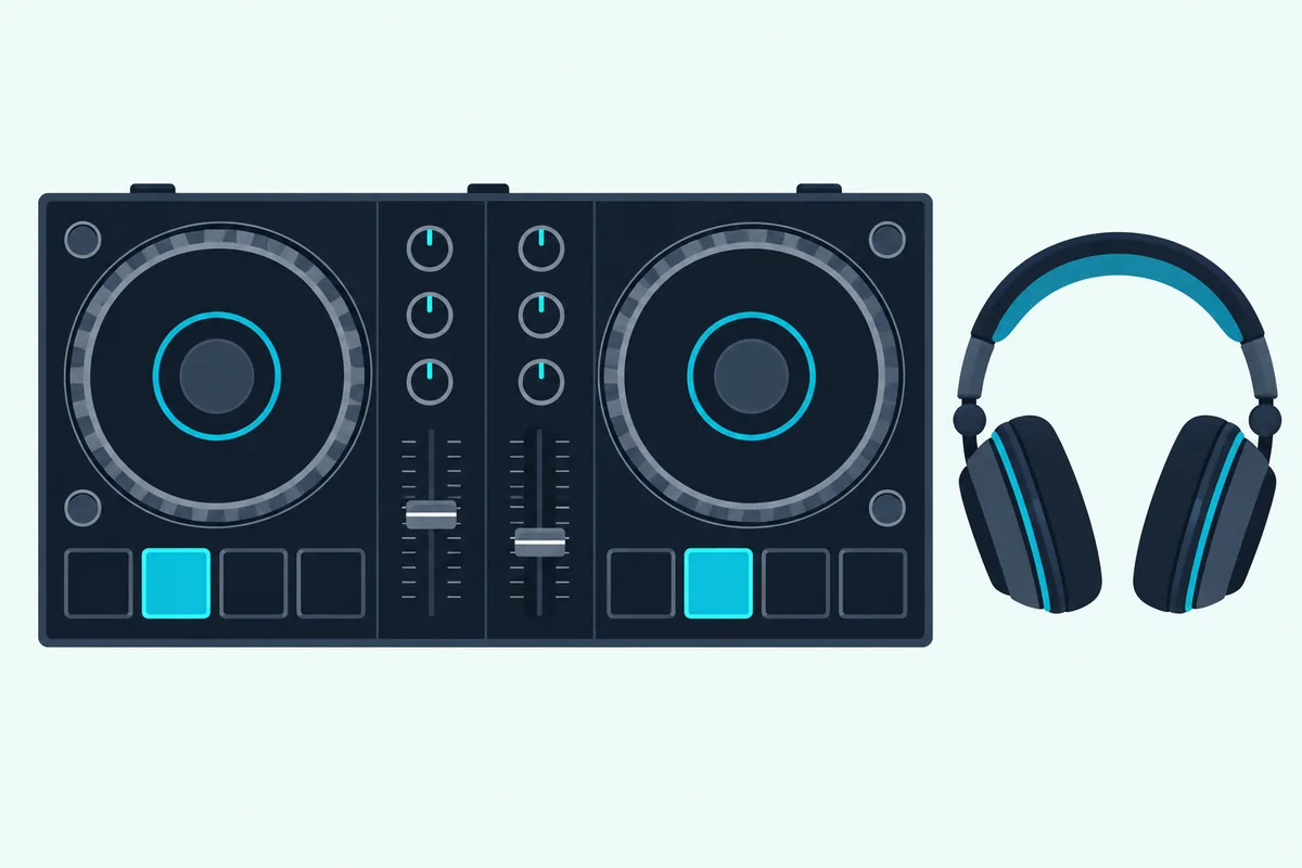 A two-deck DJ controller seen from above with two of its square pads lit teal beside closed headphones