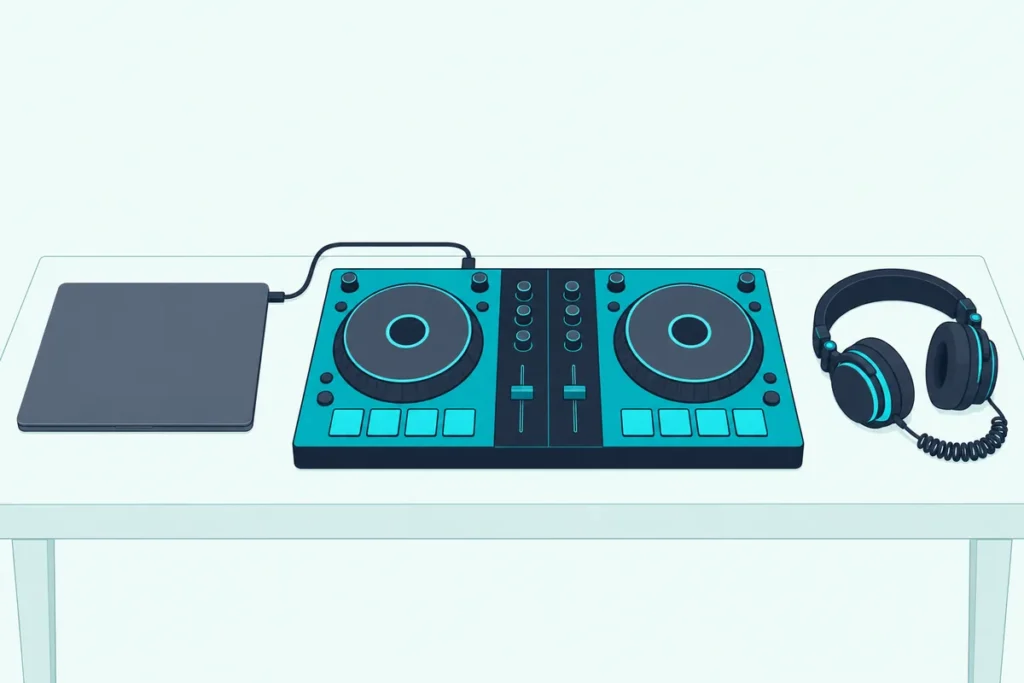 A two-deck DJ controller joined by a USB cable to a closed laptop, with closed DJ headphones beside it on a desk