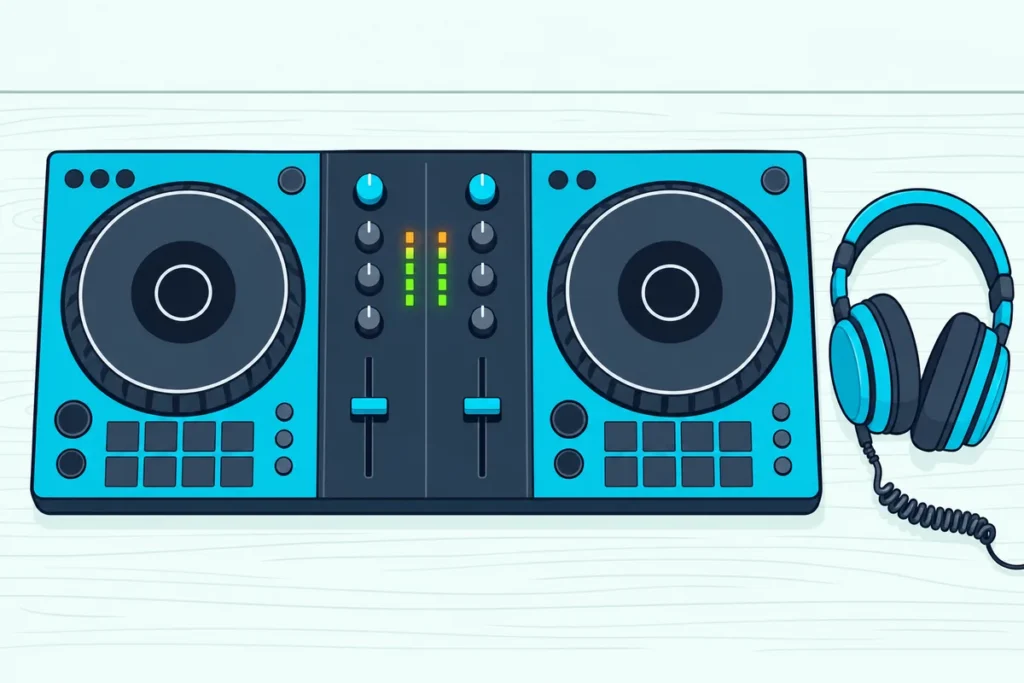 A two-deck DJ controller on a desk with its channel level lights glowing and closed headphones resting beside it