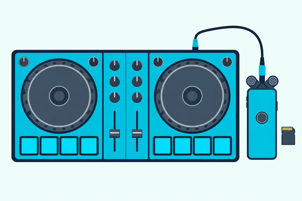 A two-deck DJ controller with a cable running to a small handheld audio recorder and a blank memory card beside it