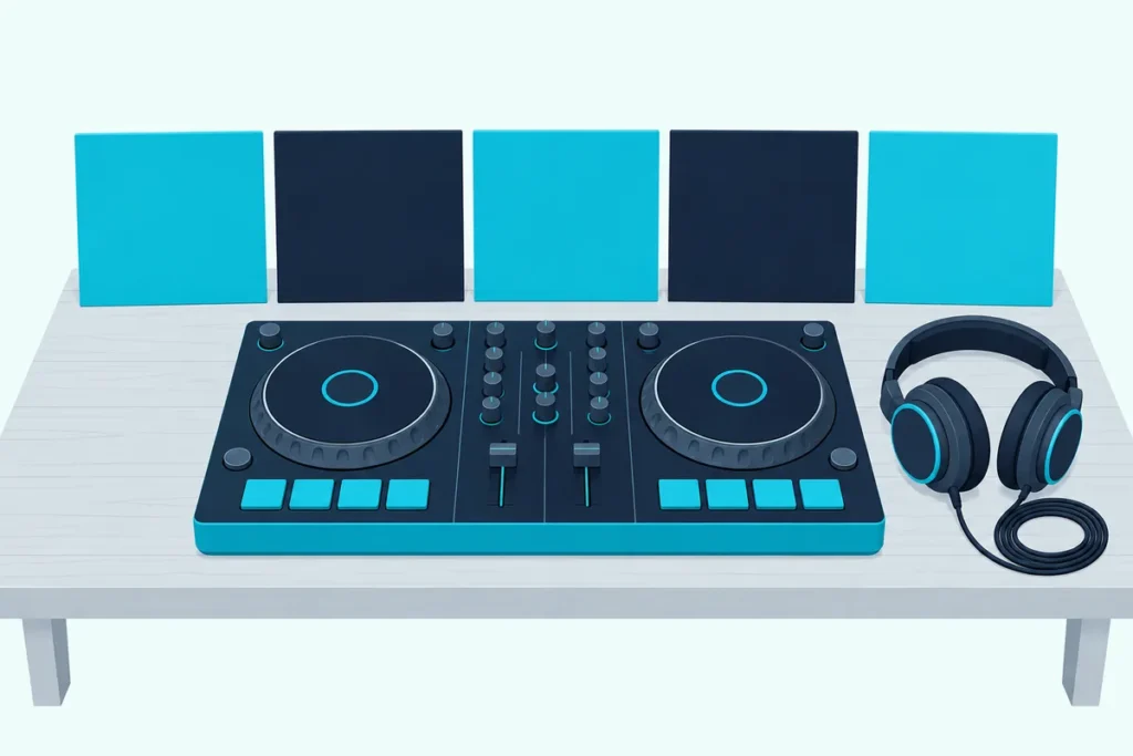 A two-deck DJ controller on a desk with closed headphones beside it and a row of blank record sleeves behind it