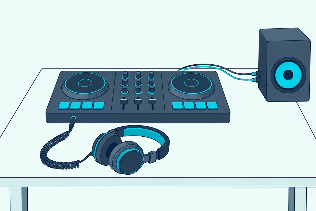 A two-deck DJ controller with headphones plugged into its front and RCA cables from its back to a small powered speaker