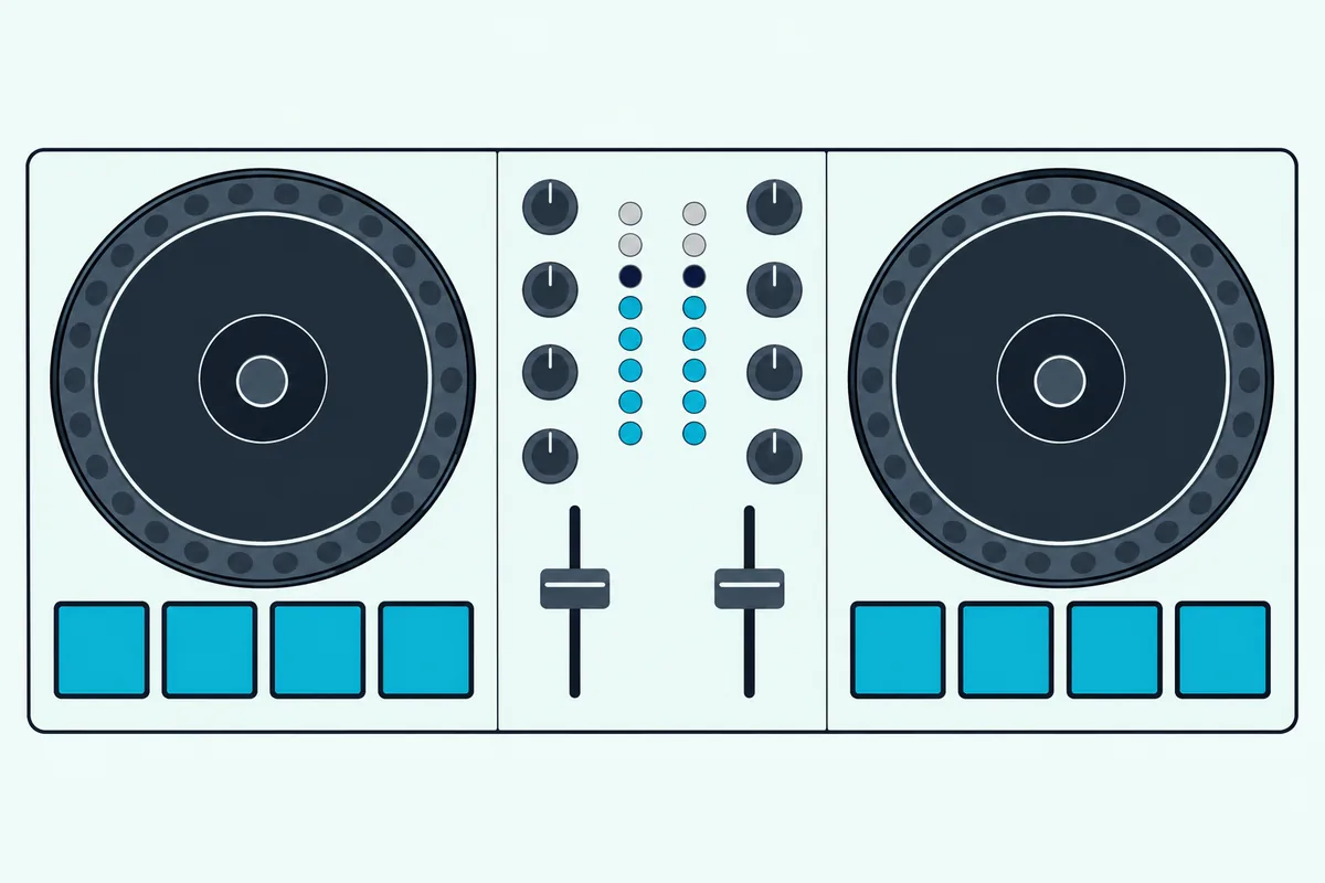 A two-deck DJ controller seen from above with two columns of small level lights, most lit teal with one navy light above them