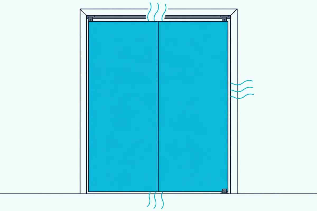A two-panel bifold closet door with thin sound waves escaping through the gaps at its top, bottom and side jamb