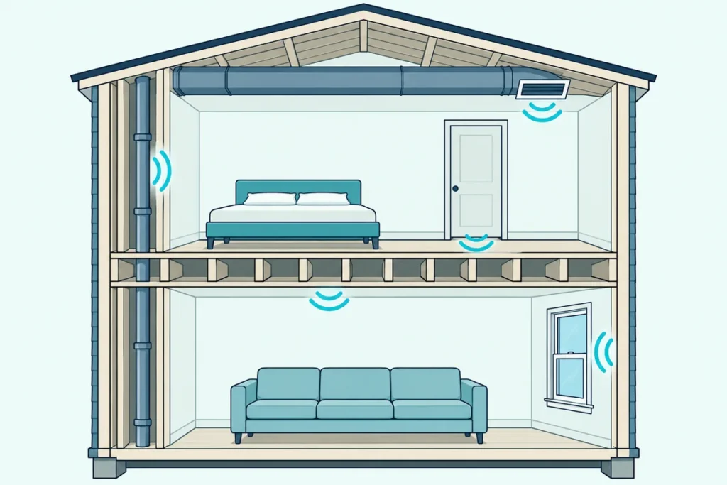 Two-story house cutaway with sound arcs at a window, under a bedroom door, at a duct grille, along a wall pipe and a floor