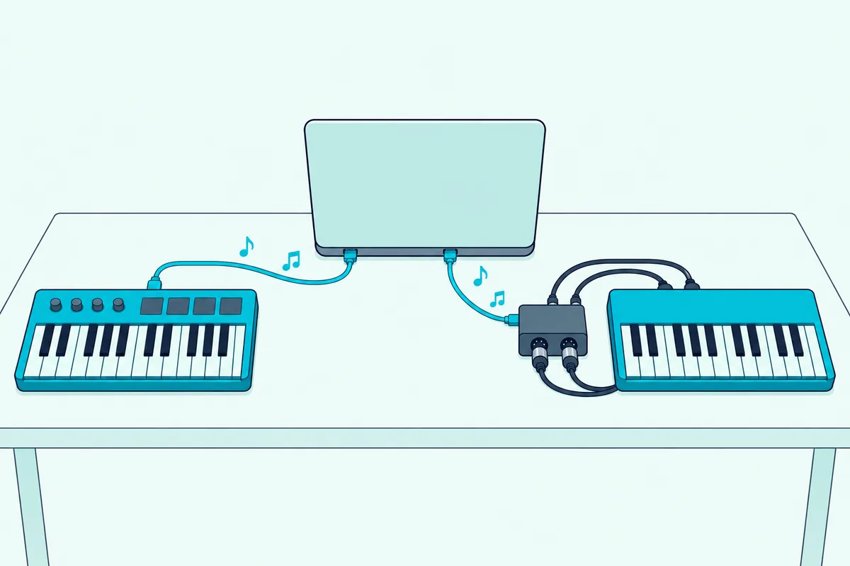 USB keyboard controller cabled straight into a laptop, beside a five-pin keyboard routed through a small MIDI interface