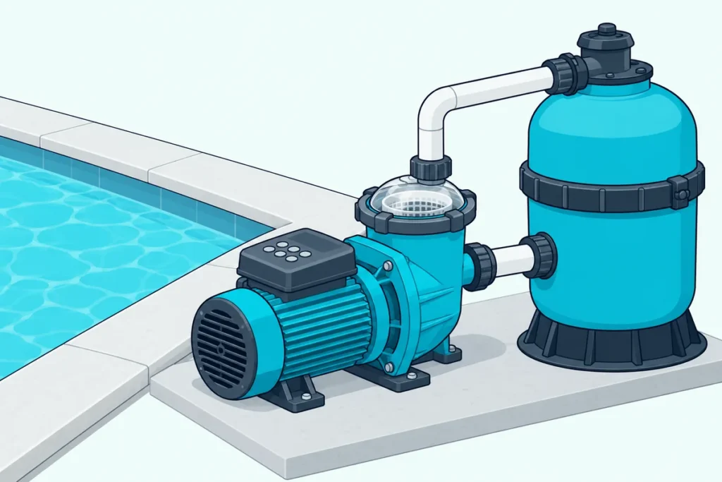 A variable-speed pool pump on a concrete pad beside a swimming pool, piped to a round filter tank