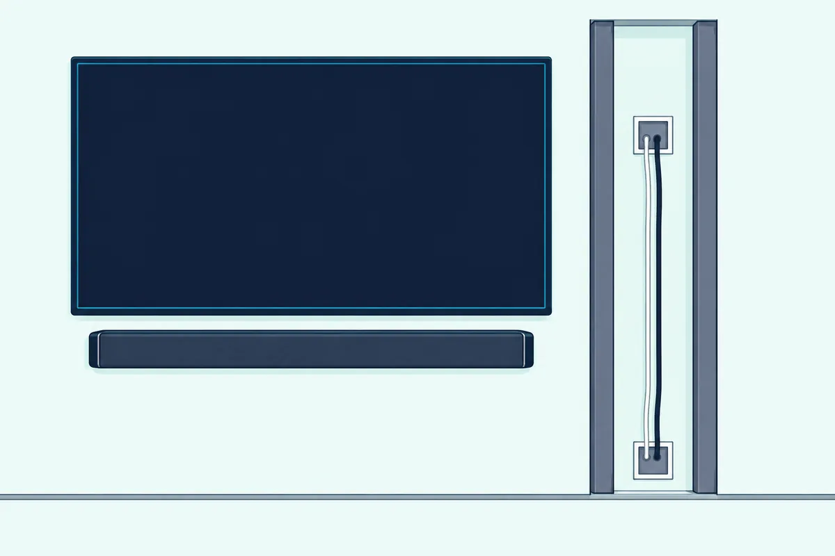 A wall cutaway behind a mounted TV and soundbar, with power and HDMI cables running inside it between two recessed boxes