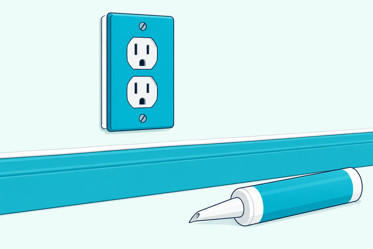 Wall outlet with a foam gasket behind its cover plate and a fresh bead of caulk along the baseboard below it