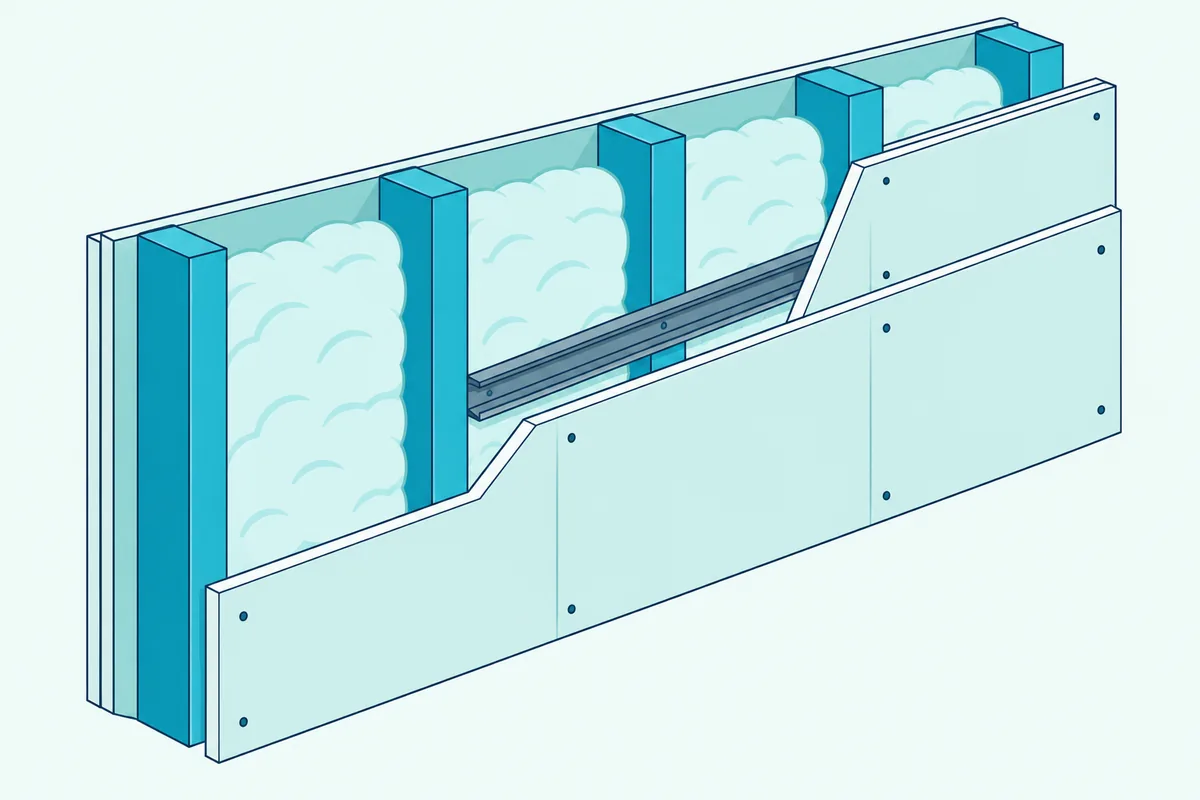 A wall section with two drywall sheets per side, insulation batts in the cavity and a metal channel holding one face