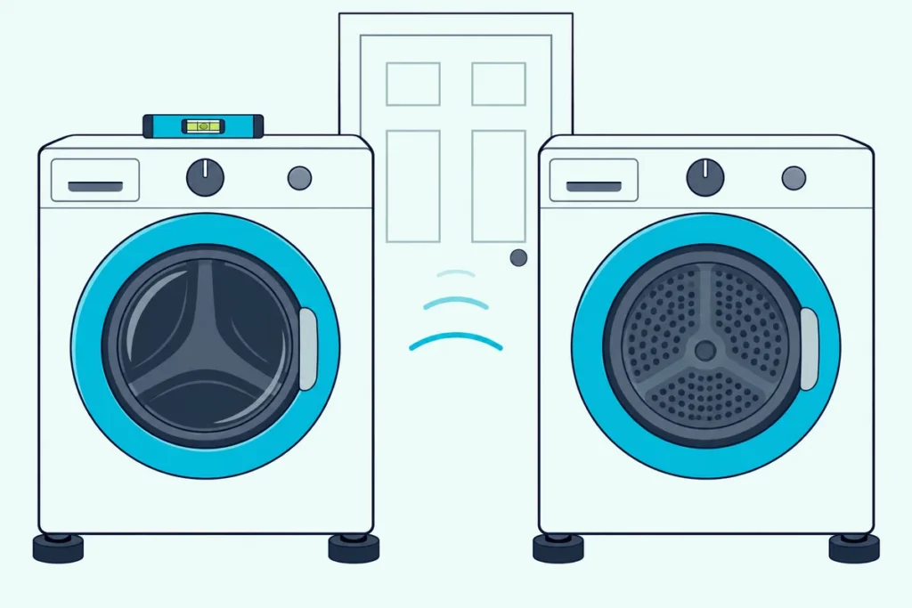 A washer and dryer side by side on rubber pads with a bubble level on the washer and a closed door behind them