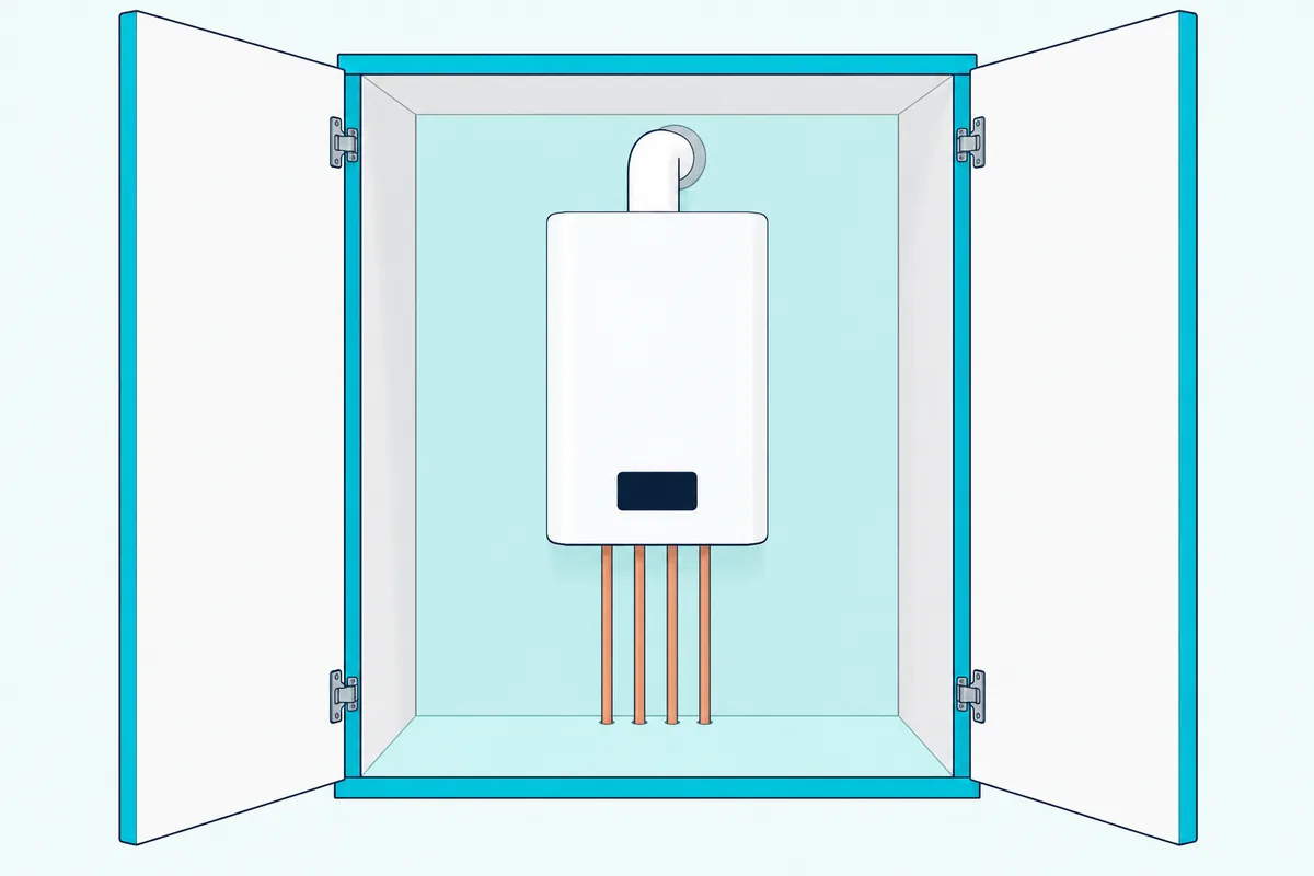 A white wall-hung boiler in an open cupboard with clear space above, below and in front, pipes leaving its base