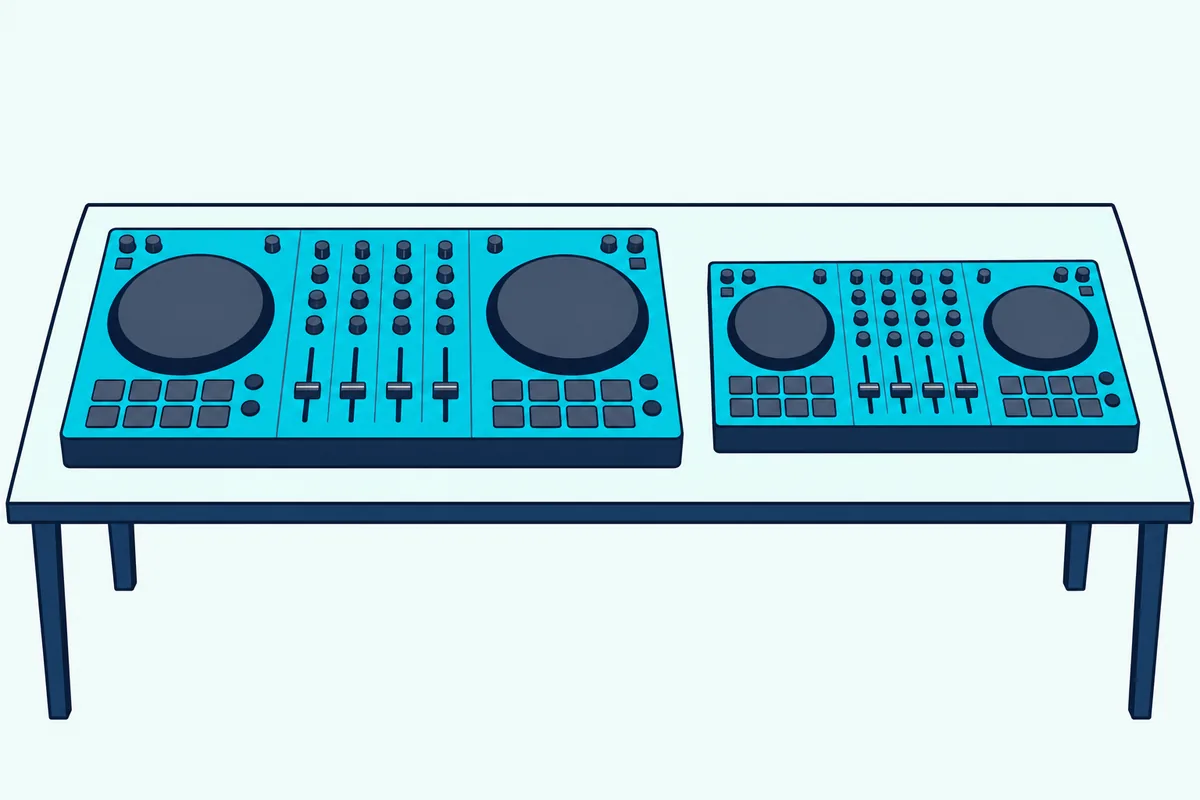 A wide DJ controller and a compact DJ controller side by side on a desk