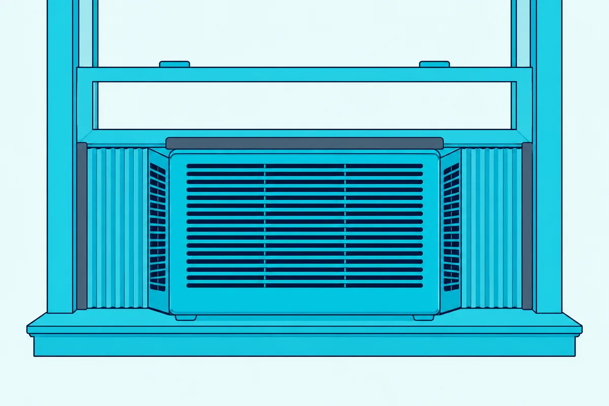Window air conditioner in a double-hung window with fitted side panels and a foam strip sealing the gap at the upper sash