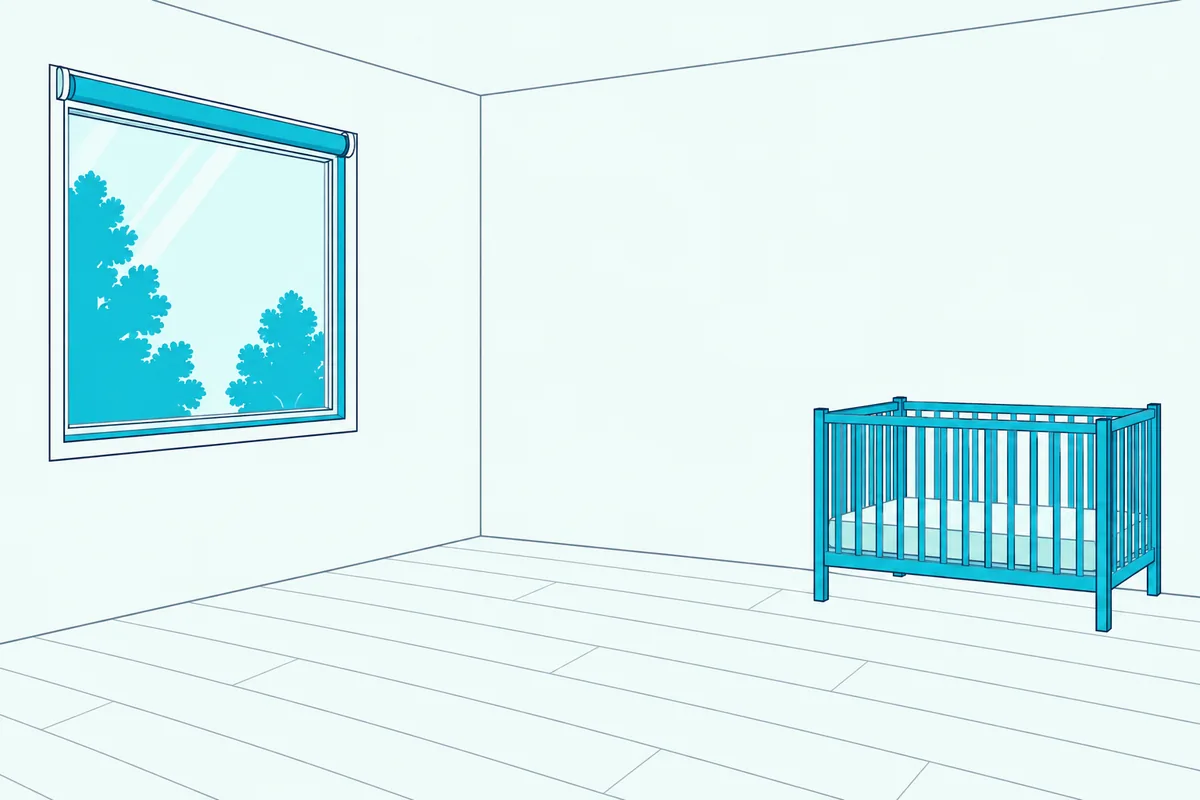 A window with a clear interior insert and a cordless shade, and an empty bare crib against a different wall