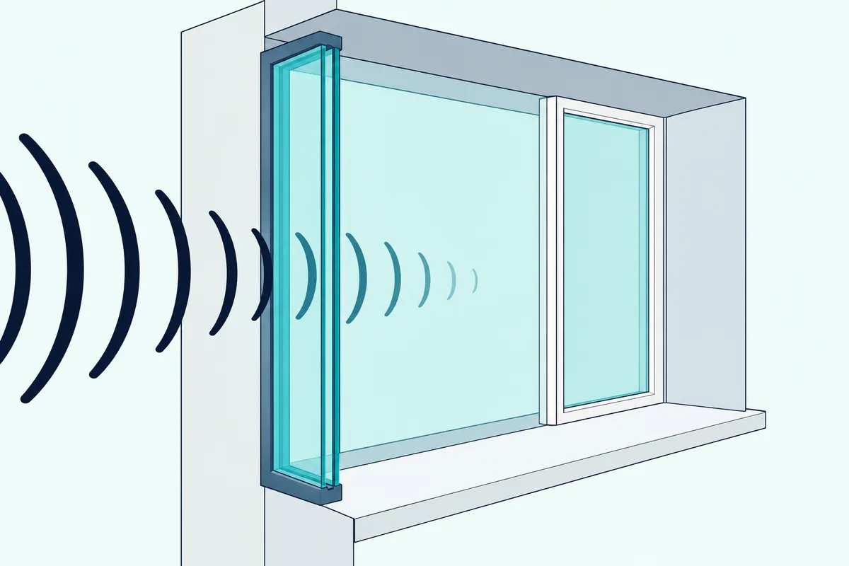 A window with a second inner sash set deep in the frame, with sound waves fading in the wide air gap between them