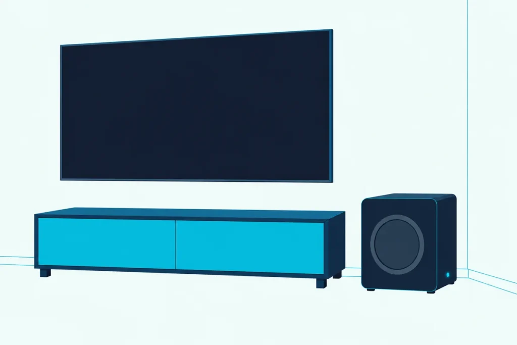 A wireless soundbar subwoofer standing alone beside an empty TV stand, a small blue light glowing on its side