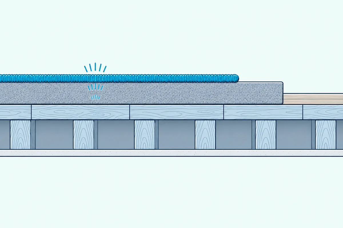 Cutaway of a wood floor with a thick rug on a dense underlay pad and the joists and ceiling below