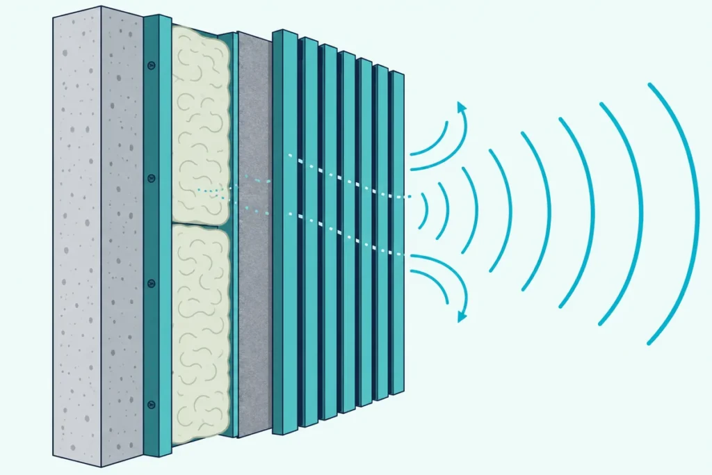 A wood slat panel on battens against a concrete wall, with sound waves fading into the felt behind the slats
