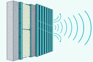 A wood slat panel on battens against a concrete wall, with sound waves fading into the felt behind the slats