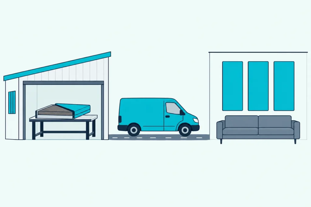 A workshop wrapping a panel in fabric, a delivery van, and a living room wall with three panels hung above a sofa