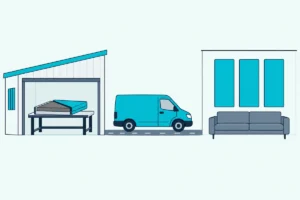 A workshop wrapping a panel in fabric, a delivery van, and a living room wall with three panels hung above a sofa