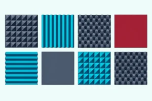 Acoustic foam panels in different profiles and colors, pyramid, wedge, egg crate and flat, mounted on a wall