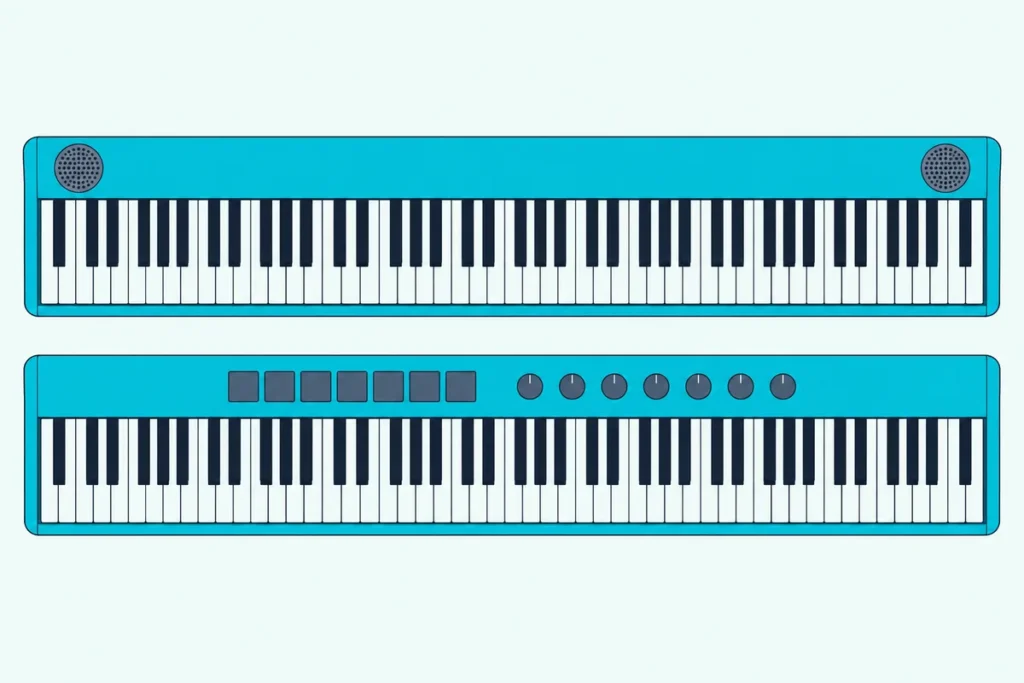 An 88-key digital piano with speaker grilles above an 88-key MIDI controller with pads and knobs, the two keybeds identical