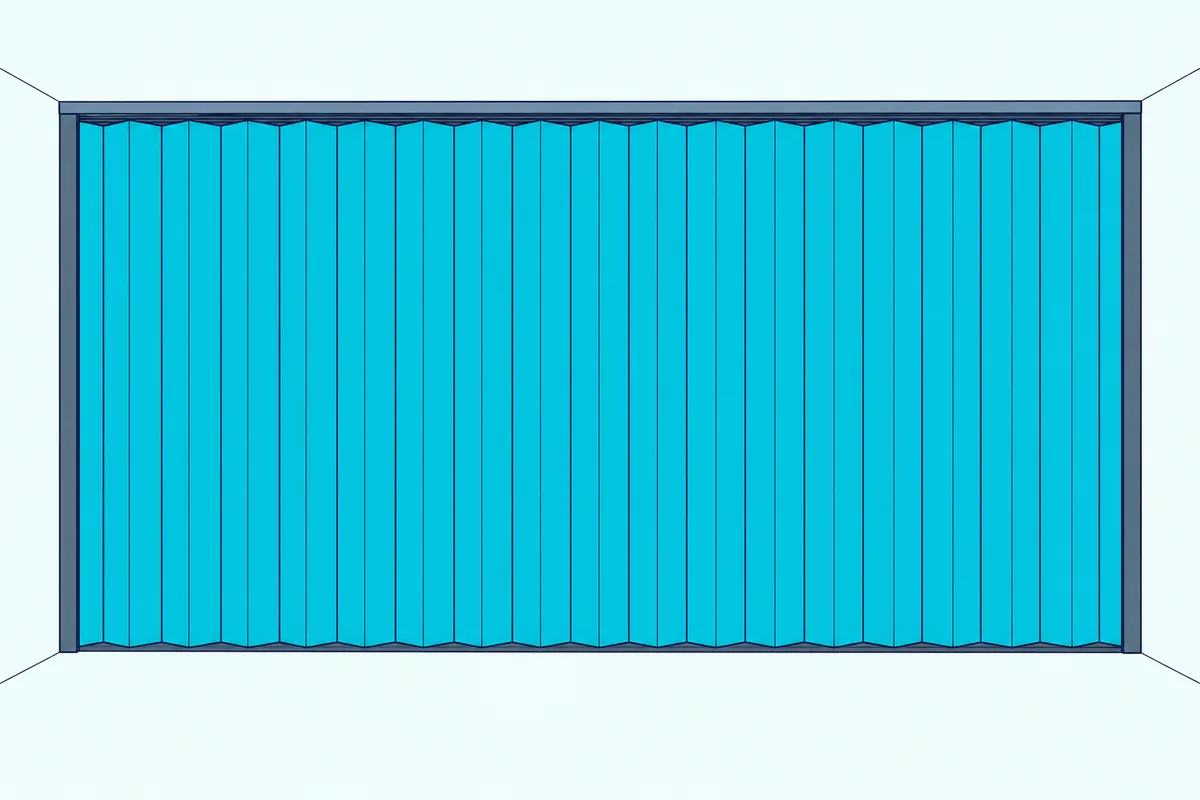 An accordion partition closed across a wide opening, with thick folded panels and seal strips along its top and bottom