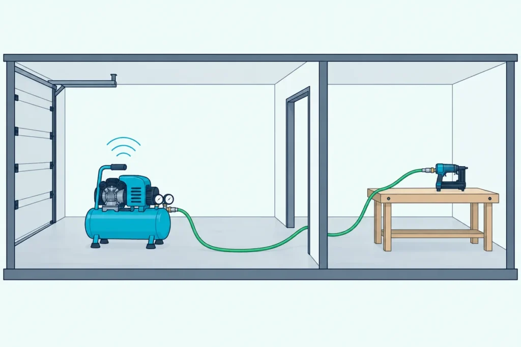 An air compressor in a garage with a long air hose running through an open doorway to a workbench in the next room