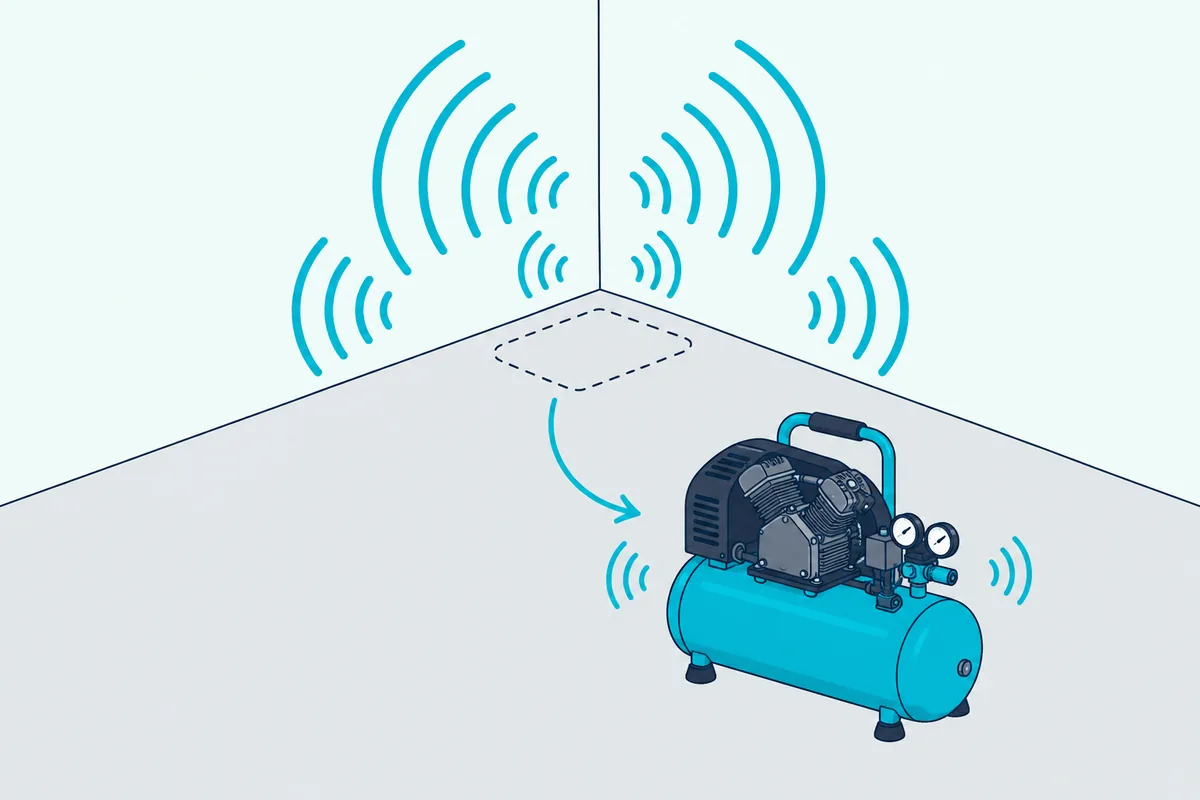 An air compressor pulled out from a garage corner, with sound waves reflecting off the two walls behind its old spot