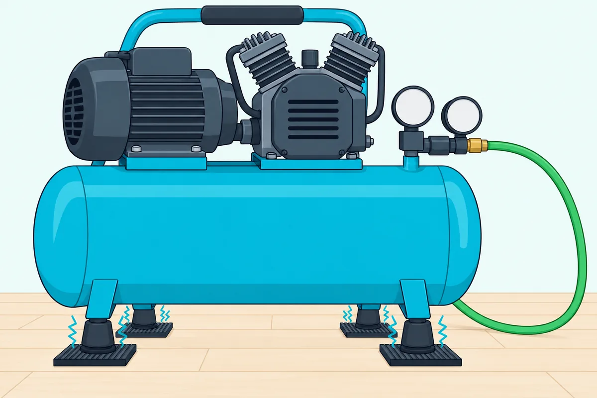 An air compressor's rubber feet resting on ribbed rubber pads on a wooden floor, with a flexible hose leaving it