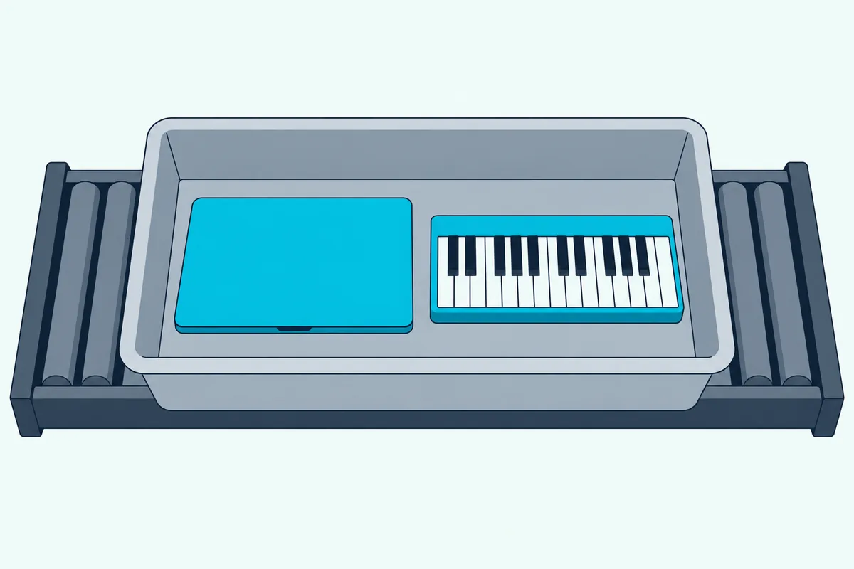 An airport security tray holding a closed laptop and a slim keyboard controller side by side