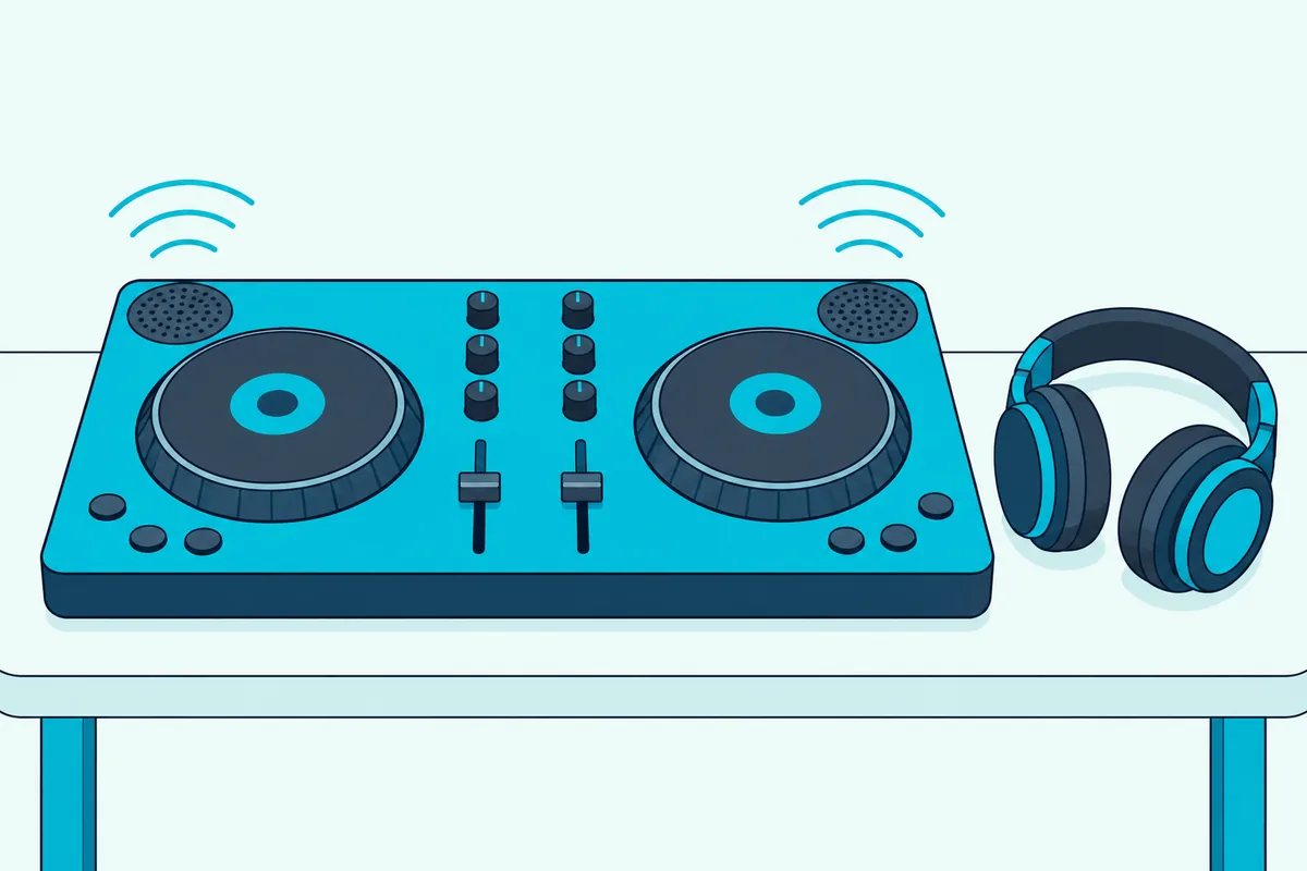 An all-in-one DJ controller with two small built-in speakers on its top panel sending sound into the room