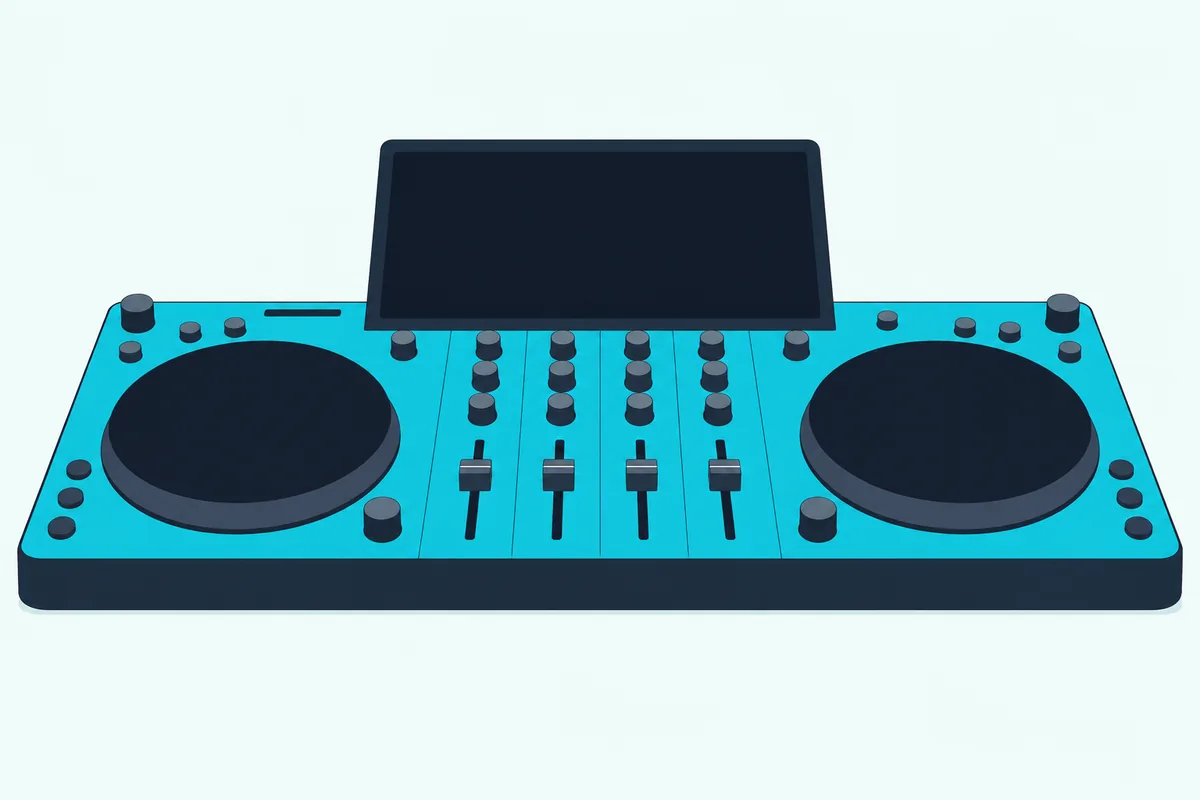 An all-in-one DJ system with a raised blank screen panel at the back between two jog wheels, with no laptop