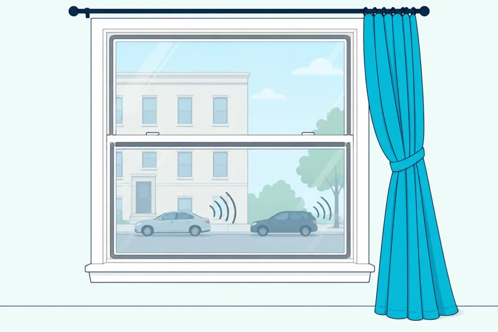 Apartment bedroom window with a clear press-in insert, a weatherstripped sash and a heavy curtain drawn to one side