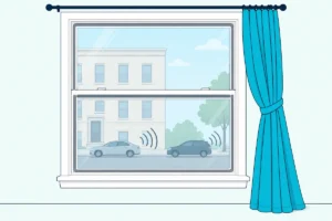 Apartment bedroom window with a clear press-in insert, a weatherstripped sash and a heavy curtain drawn to one side