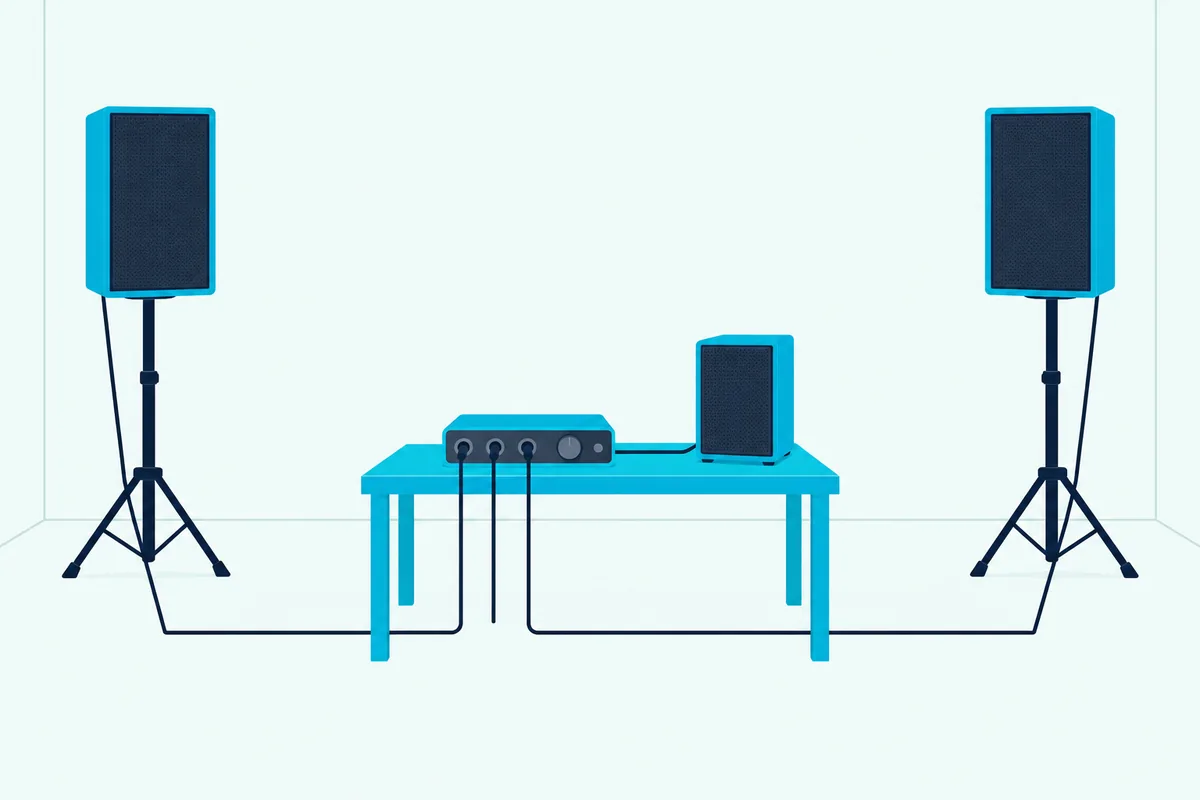 An audio interface sending cables to two tall speakers on stands and to one small monitor speaker on a table