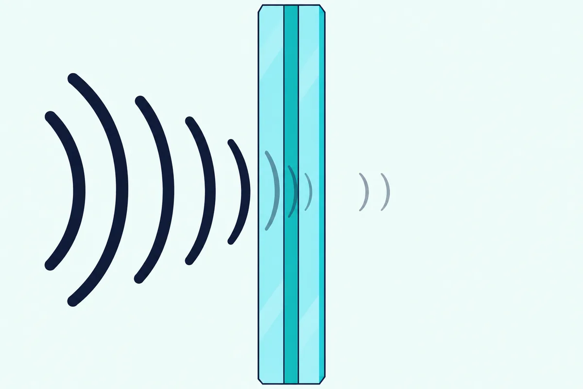 An edge view of laminated impact glass, two panes bonded by a clear interlayer, with sound waves shrinking inside