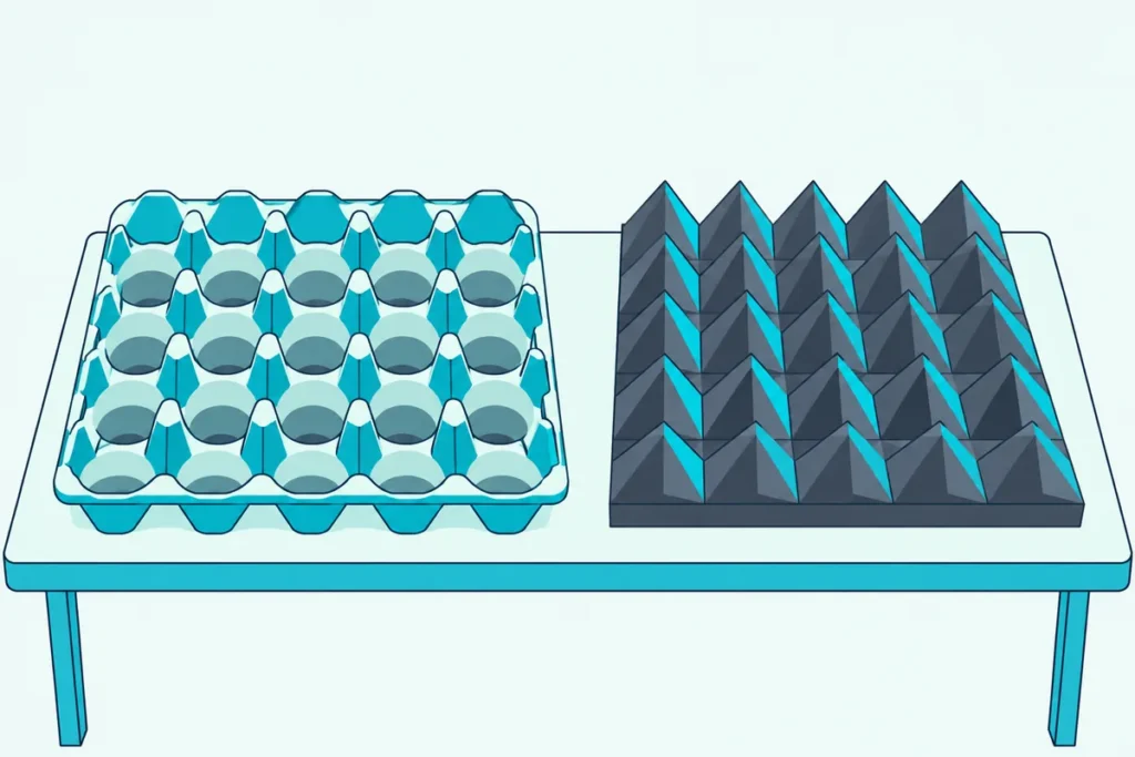 A molded paper egg carton tray beside a pyramid acoustic foam tile of about the same size on a table
