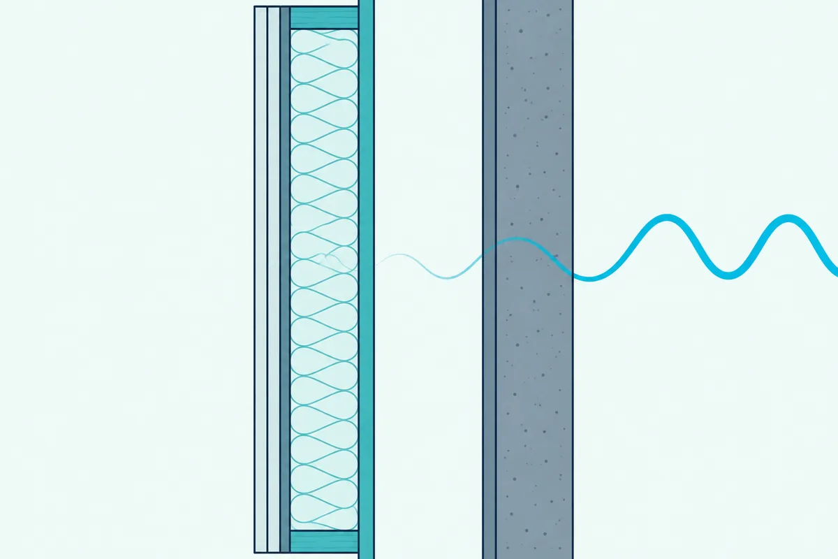 An existing wall and a new free-standing wall with a narrow air gap between, and a sound wave fading across the gap