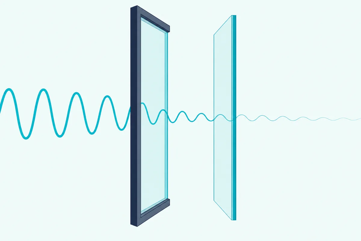 An existing window pane and a second pane set inside it with an air gap, with a sound wave fading across both