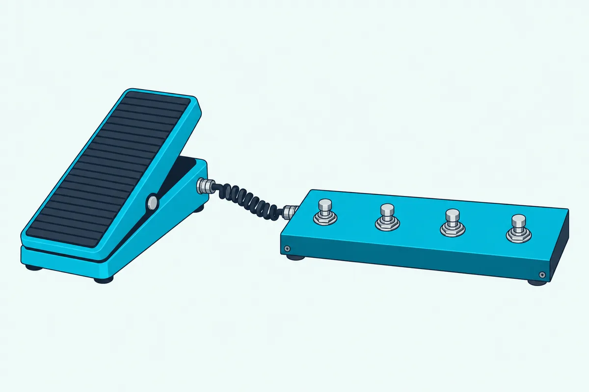 An expression pedal plugged by a short cable into a four-switch MIDI foot controller
