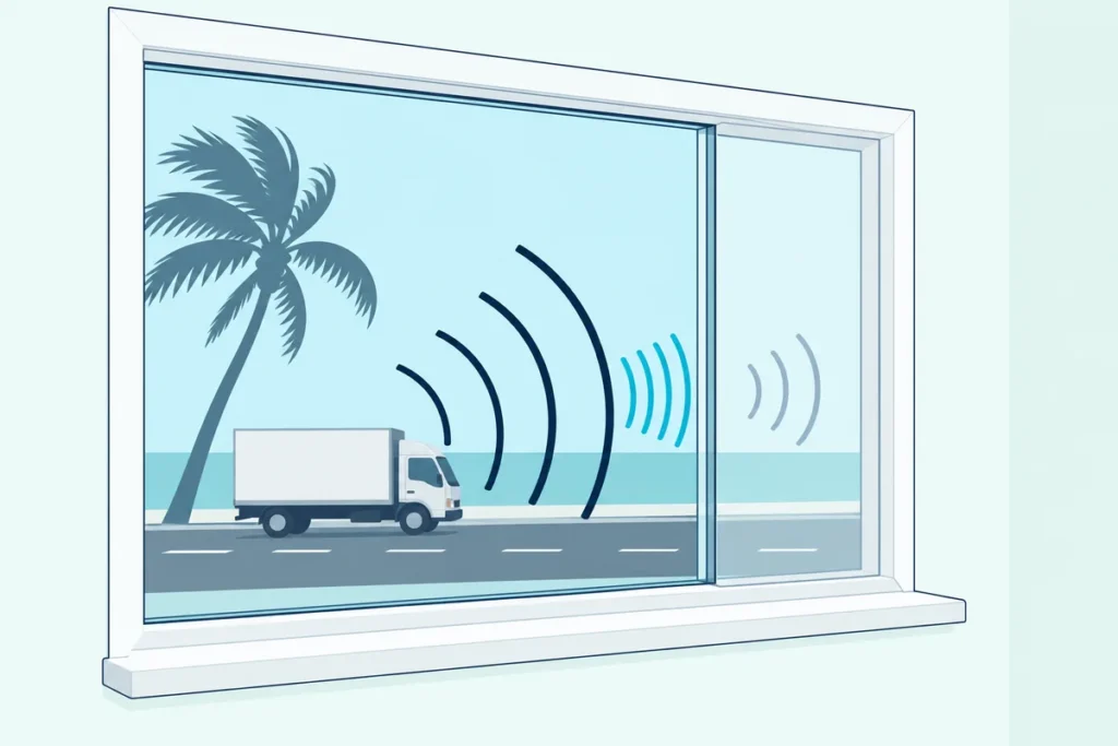 An impact window in a coastal home, with a palm tree outside and traffic sound waves fading at the glass