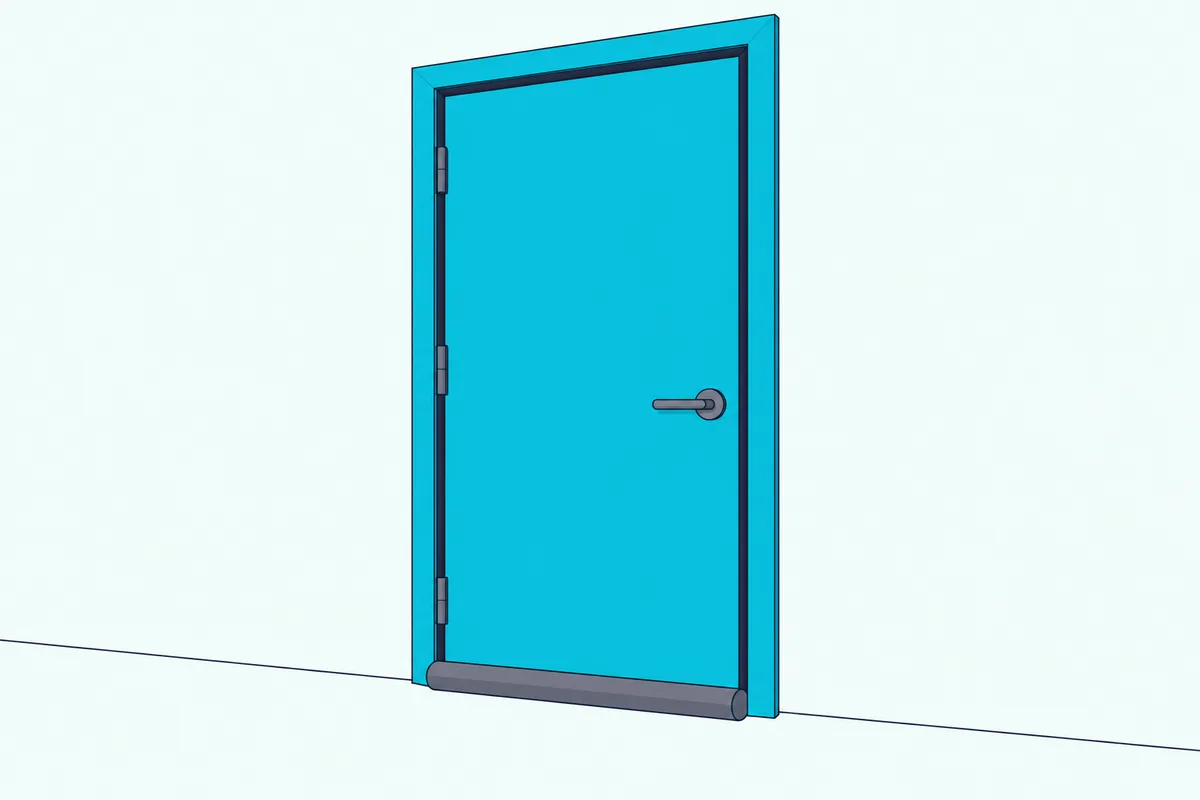 Interior door with a fabric draft stopper fitted along its bottom edge and a thin gasket along the door stop