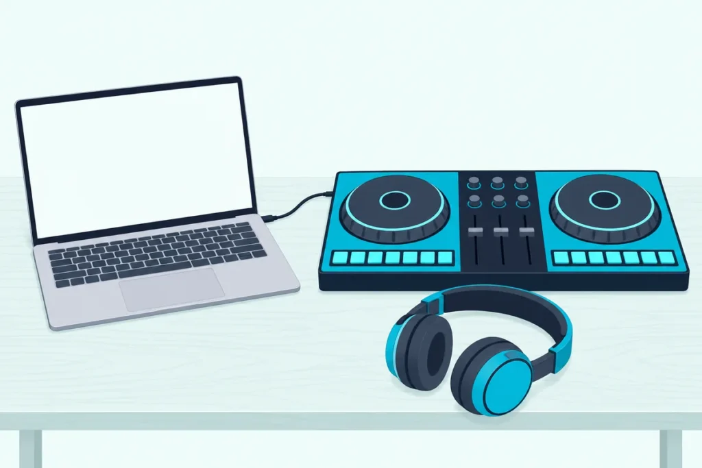 An open laptop with a blank screen beside a two-deck DJ controller and a pair of headphones on a wooden desk